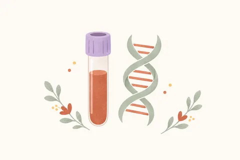 Kan alma tüpü ve yanında stilize bir DNA sarmalını gösteren yumuşak illüstrasyon
