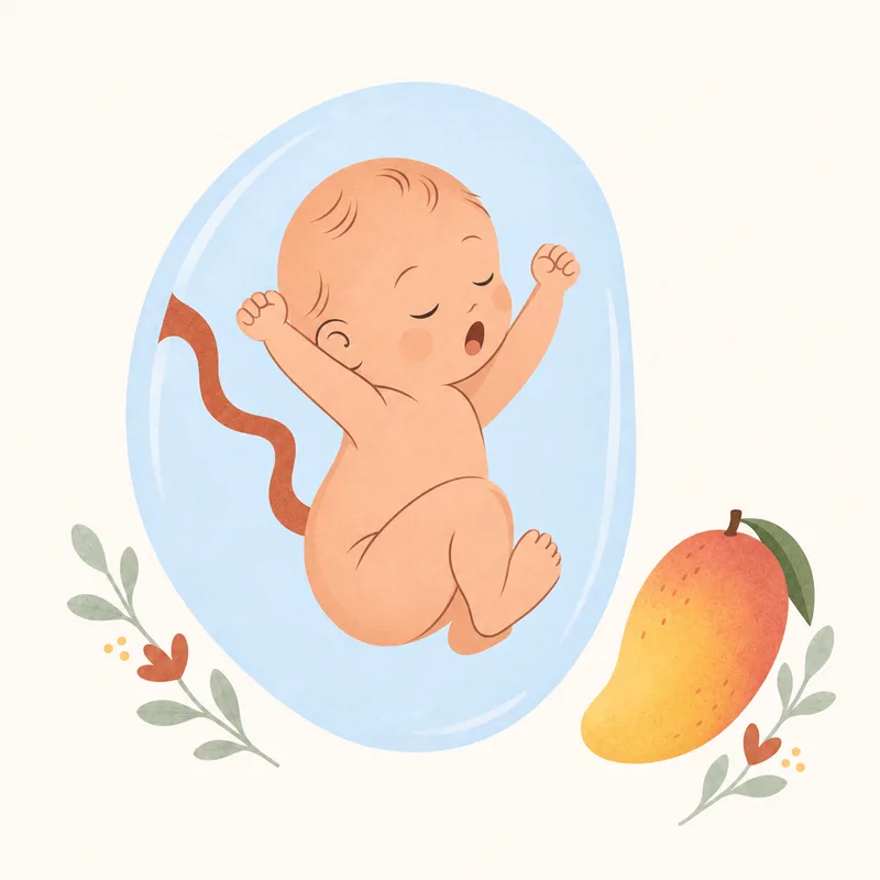 Gebeliğin 18. haftasında bebeğin gelişimini ve mango ile boyut karşılaştırmasını gösteren illüstrasyon
