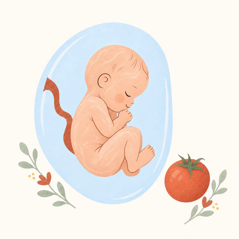 Gebeliğin 19. haftasında bebeğin gelişimini ve domates ile boyut karşılaştırmasını gösteren illüstrasyon