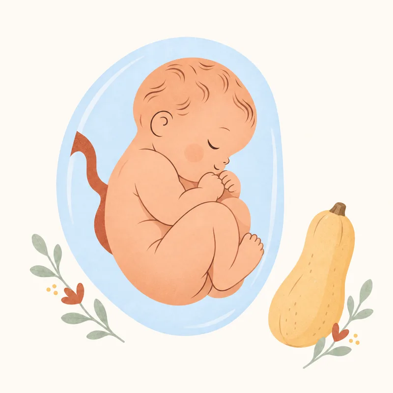 Gebeliğin 29. haftasında bebeğin gelişimini ve butternut kabağı ile boyut karşılaştırmasını gösteren illüstrasyon