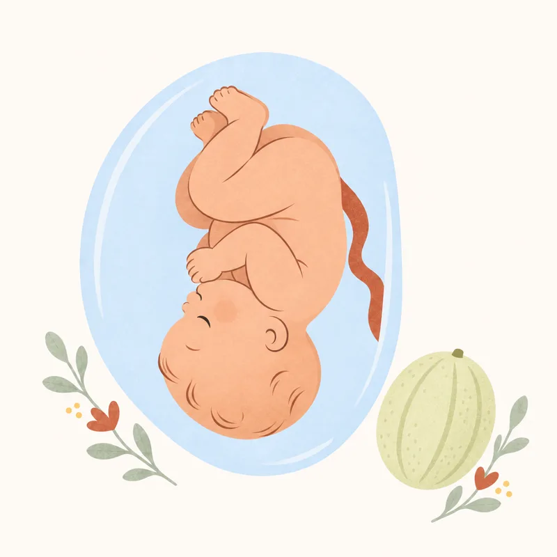 Gebeliğin 32. haftasında bebeğin gelişimini ve kavun ile boyut karşılaştırmasını gösteren illüstrasyon
