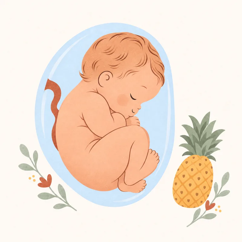 Gebeliğin 33. haftasında bebeğin gelişimini ve ananas ile boyut karşılaştırmasını gösteren illüstrasyon