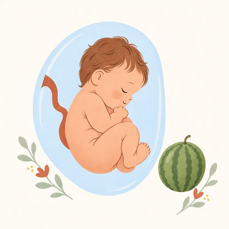 Gebeliğin 39. haftasında bebeğin gelişimini ve mini karpuz ile boyut karşılaştırmasını gösteren illüstrasyon